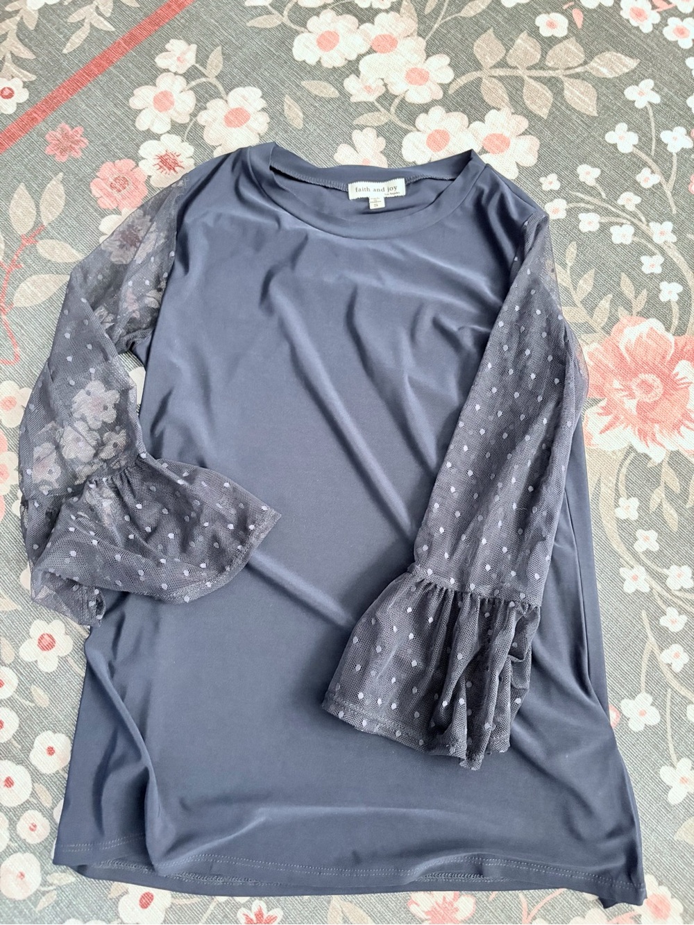 Faith and Joy Slate Blue Tunic with Sheer Dotted Ruffle Sleeves